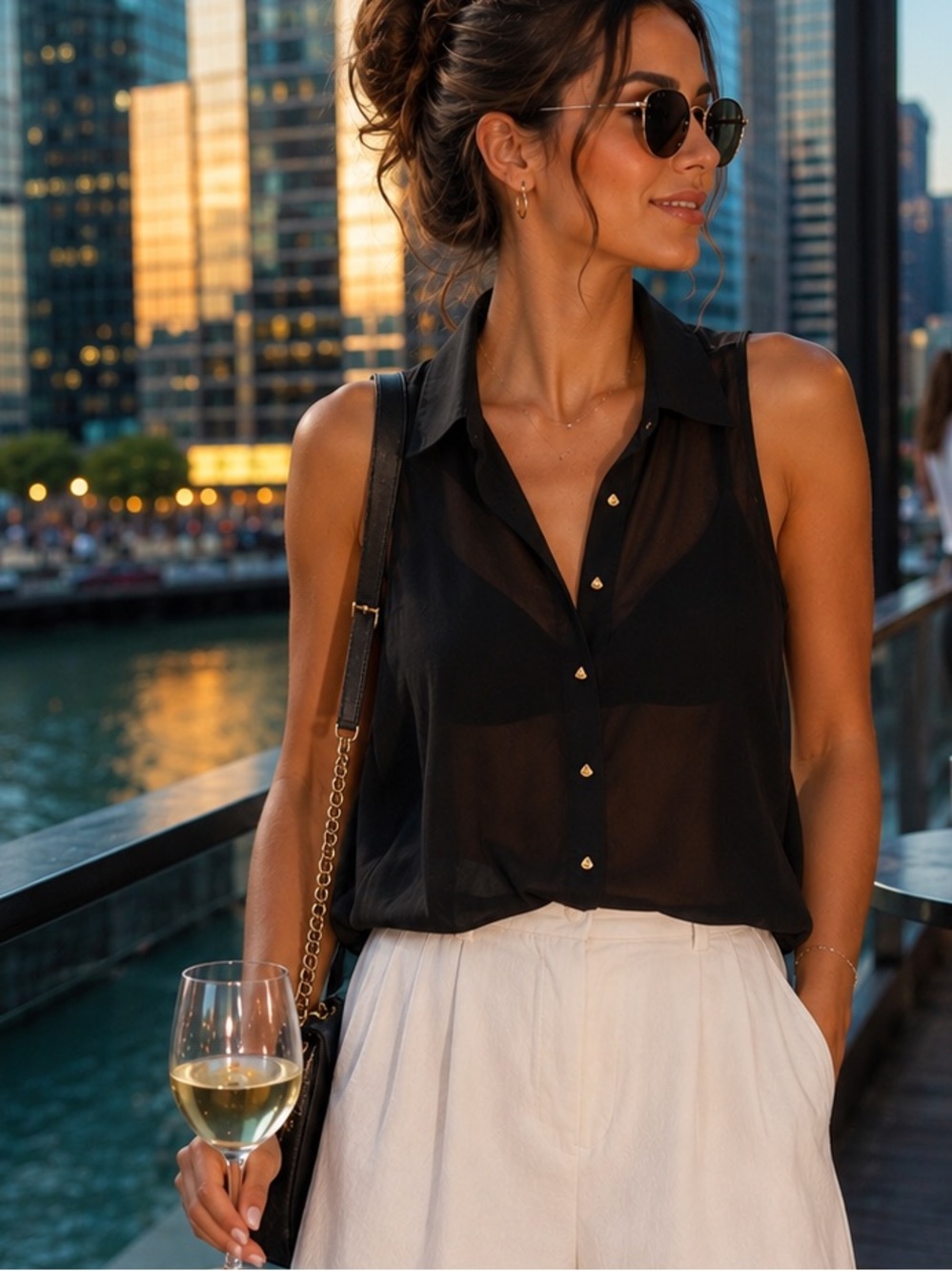Sans Souci Black Sheer Sleeveless Button-Front Blouse